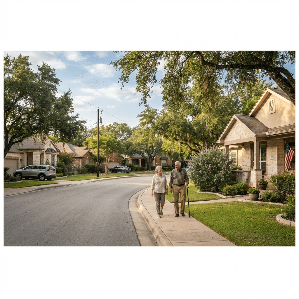Sunlit residential neighborhood in Pflugerville, Travis County, Texas where Morning Glory caregivers provide dedicated in-home care and senior personal assistance