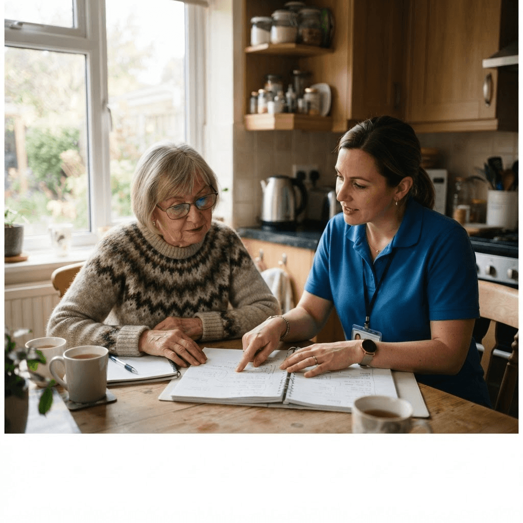 Caregiver and family member reviewing a care plan