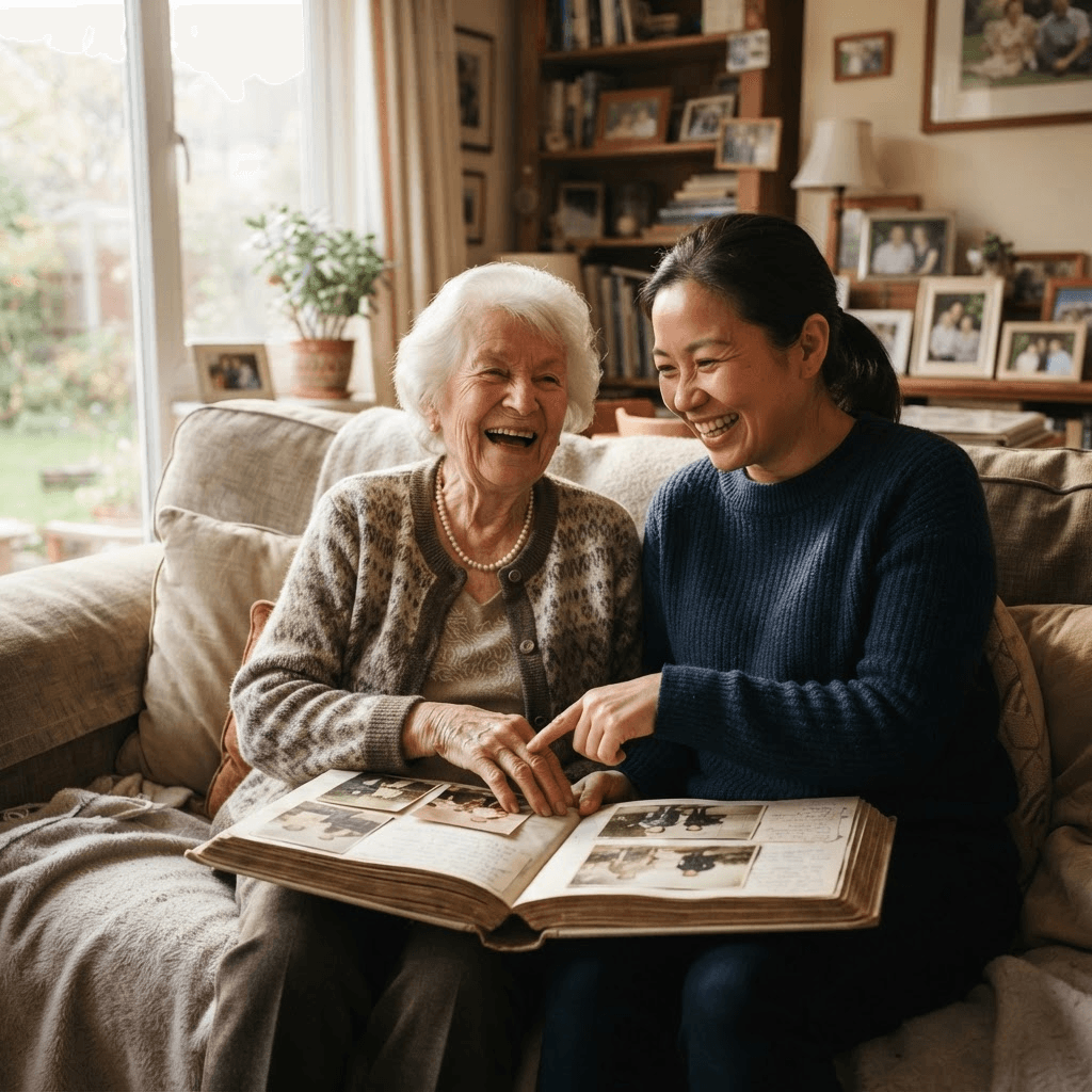 Morning Glory companion caregiver enjoying meaningful social conversation and cognitive games with a senior at home in Central Texas