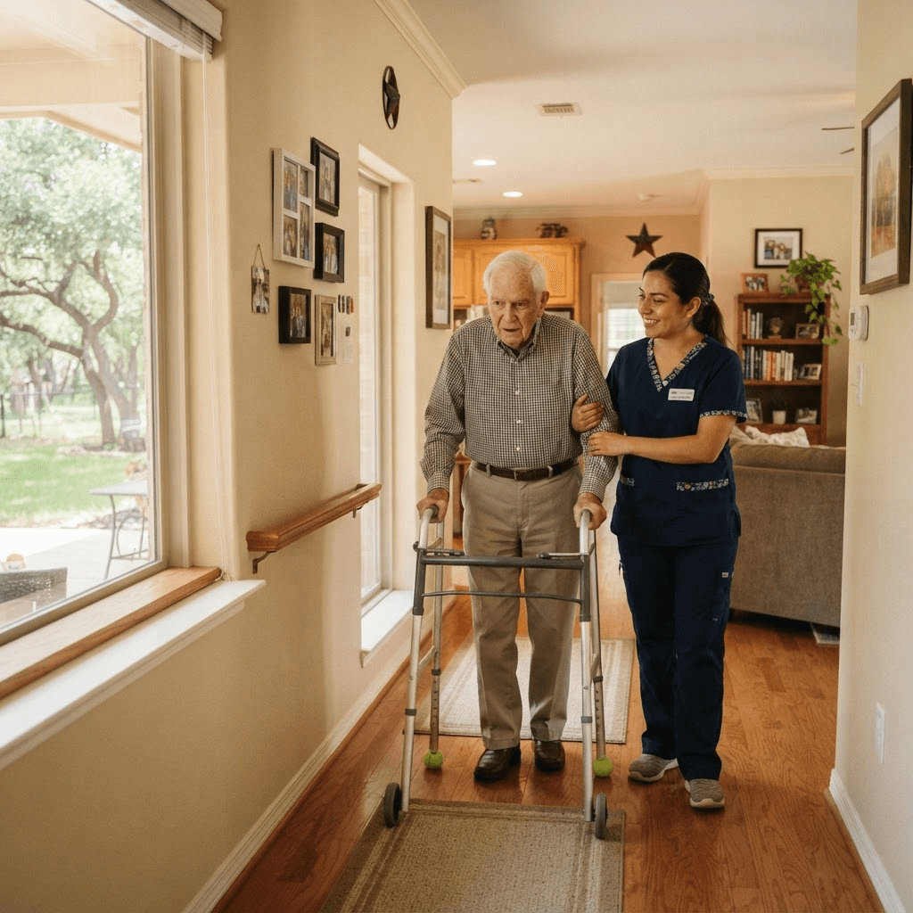 Caregiver providing supportive in-home assistance