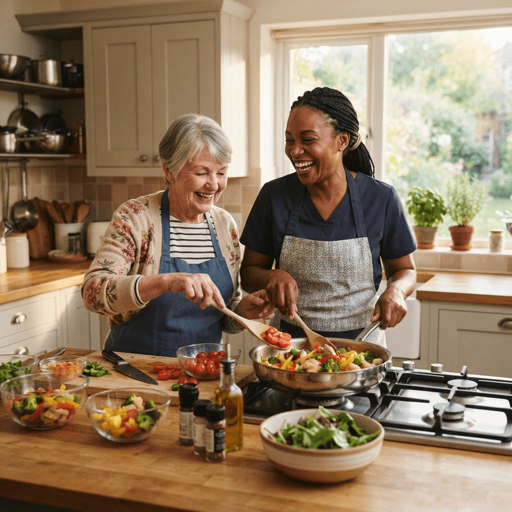 Nutritious diabetic-friendly and low-sodium meal preparation prepared in a senior client's kitchen by a Morning Glory caregiver