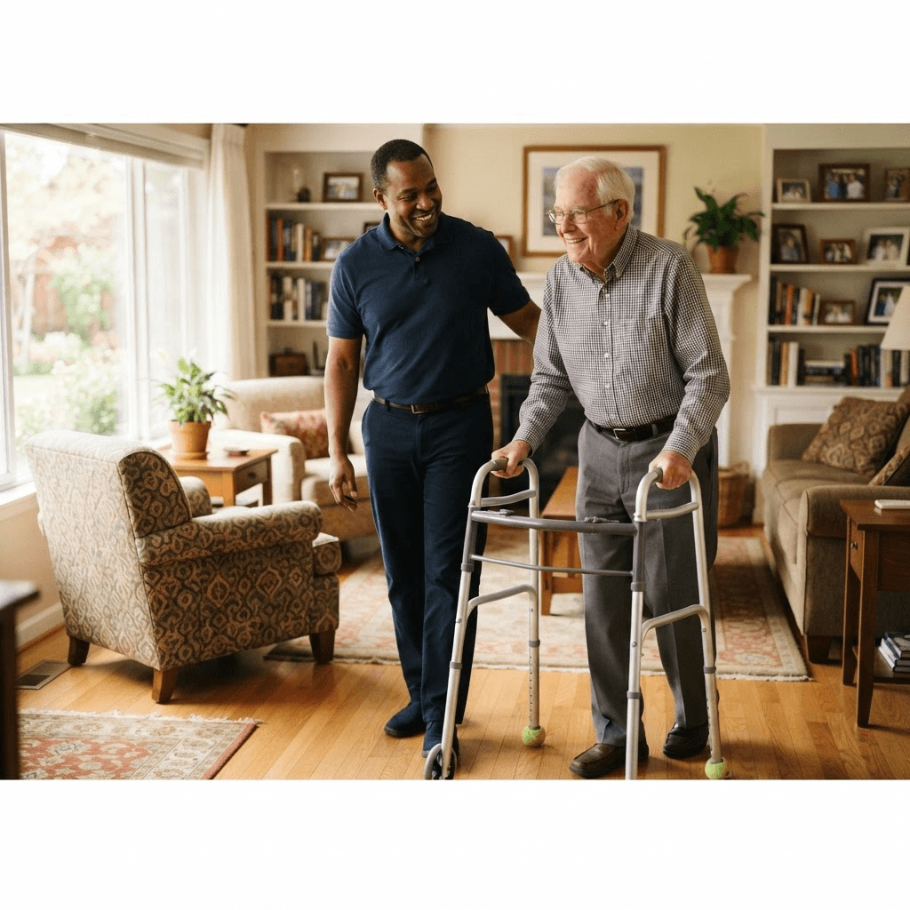 Compassionate home care aide providing structured Activities of Daily Living (ADL) physical support and steadying for an elderly resident