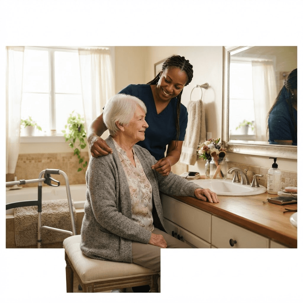 Morning Glory home care specialist carefully observing senior mobility and conducting a living space assessment