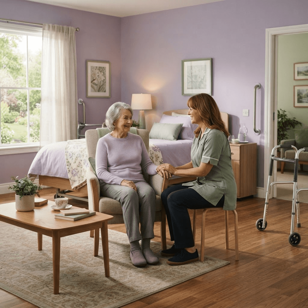 Professional Morning Glory caregiver supporting an elderly client with safe mobility, transfer assistance, and personal dignity at home